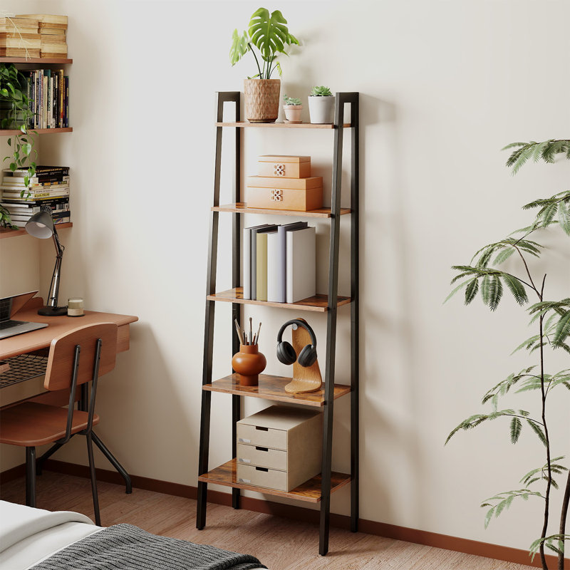 Jabari 67.7" H x 22" W Metal Ladder Bookcase, Black/Brown