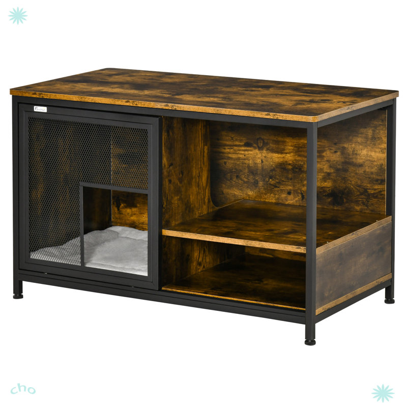Rustic Brown Wood and Steel End Table Pet House with Cushion