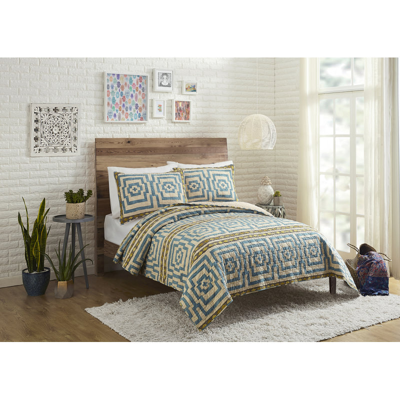Hypnotic Blue 100% Cotton Boho Lightweight Quilt Set, King Quilt + 2 Shams