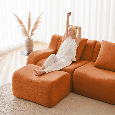 4-Seat Teddy Fabric Anti-Slip Design Boneless Sofa with 2 Ottomans for Living Rooms, Bedrooms, Reading Nook