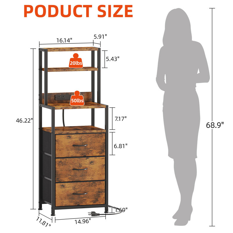 41cm W Metal Bedside Table, Brown