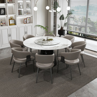 59" Round 9-Piece Dining Set - Faux Marble Table With Rotating Tray & Pu Leather Chairs, Modern Kitchen/Dining Room Table Set For Restaurant & Home