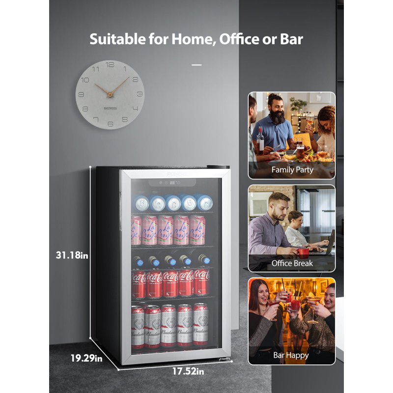 17.32'' W 3.2 Cu.ft Mini Fridge, Beverage Refrigerator 26 Bottle/113 Can Capacity, Touch Button, 32°F-61°F, Quiet <38dB, LED, Removable Shelves