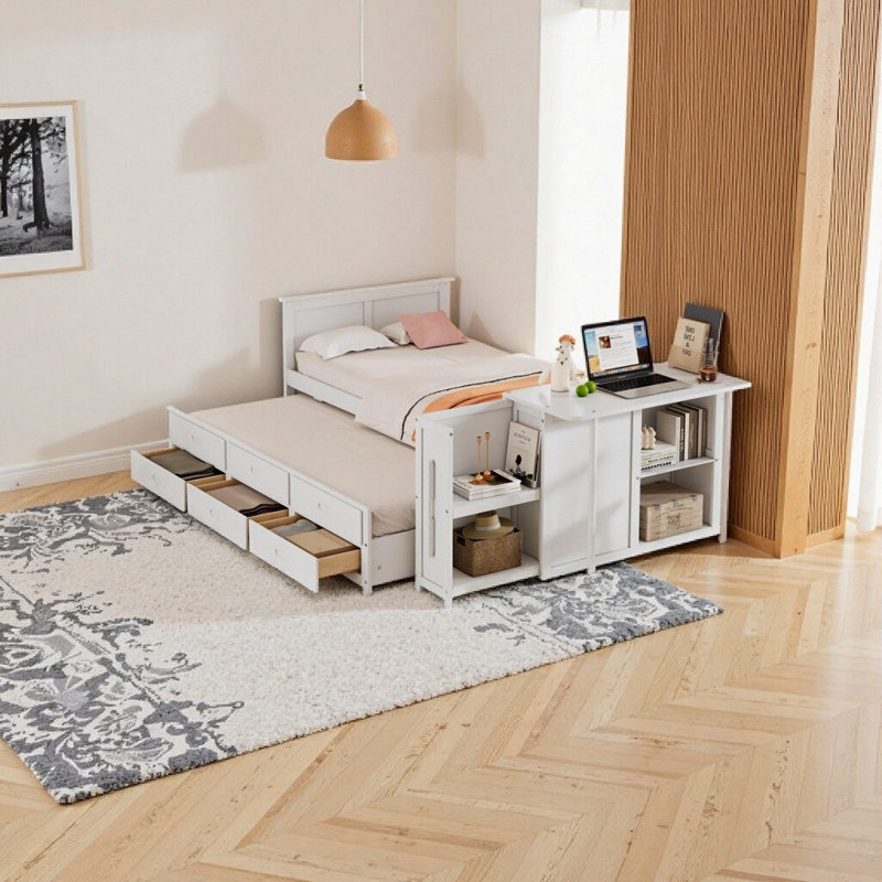 Lit simple blanc multifonctionnel avec bureau intégré, tablette de rangement, lit gigogne et 3 tiroirs - conception peu encombrante