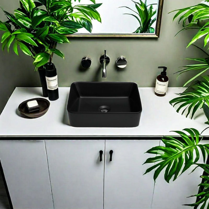 APRESSHUI 15'' Ceramic Rectangular Bathroom Sink, Black