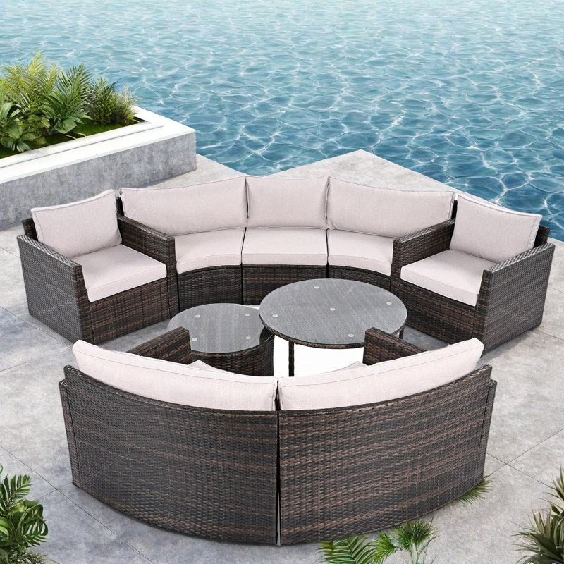 9-piece Outdoor Half-moon Wicker Conversation Sets With 1 Nesting Coffee Table And Tempered Glass Top