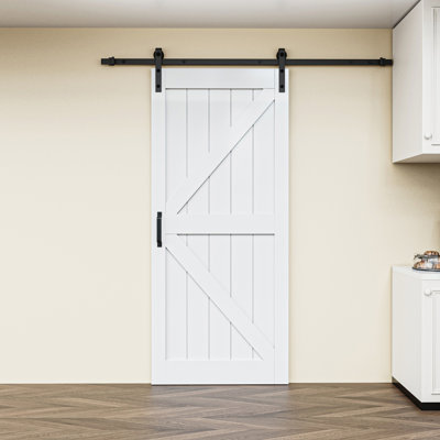 84"H × 30"W White Panelled Manufactured Wood K Shape Primed Barn Door with Installation Hardware Kit - Door Lock Included
