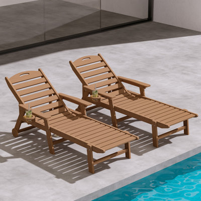 HDPE Outdoor Chaise Lounge, 5‑Position Adjustable Recliner with Rolling Wheels & Built‑In Cup Holder, Weather Resistant for Patio, Pool, Garden & Backyard