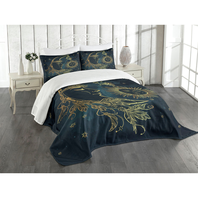 Queen Blue Polyester Quilted Bedspread Set with Pillow Shams