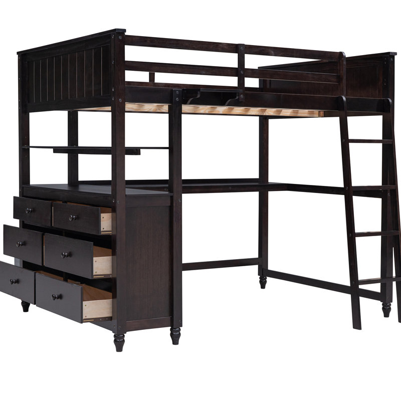 Lit mezzanine avec tablettes et bureau, tablette pleine grandeur en bois massif. Fabrication durable. Maximiser l'espace de travail dans la chambre à coucher