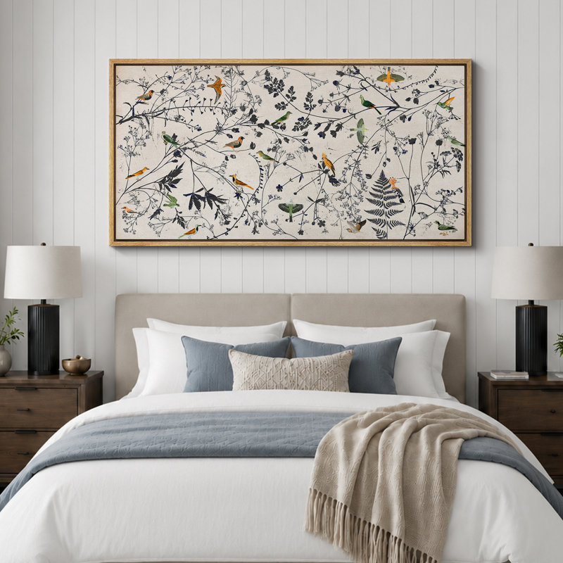 «Birds On Wildflower Plants Minimalist Modern Extra Large», reproduction d'art sur toile encadrée, H 30 po x l 60 po, Naturel