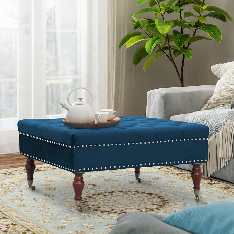 Repose-pieds carré tapissier Bakri, 100 % polyester bleu marine