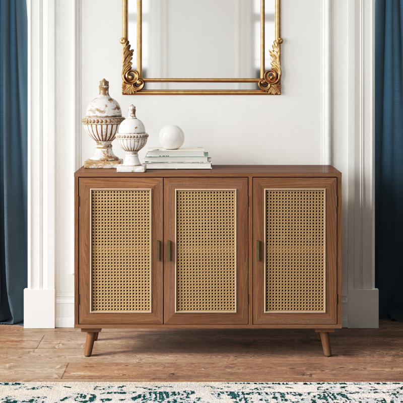 Asier 43" Wide Solid Wood Legs Rattan Sideboard, Walnut
