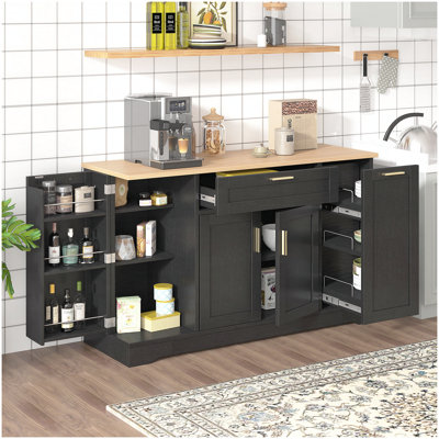 Multi-Functional Storage Sideboard, Extendable Dining Table, Adjustable Shelves, 3-Tier Pull-Out Rack, Kitchen Island Storage for Kitchen, Dining Room, Living Room (Black)