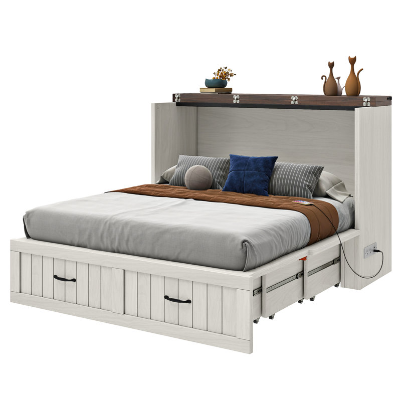  Farmhouse Full Size Murphy Bed, Fold Out Storage Cabinet Bed With Drawer & Charging Station