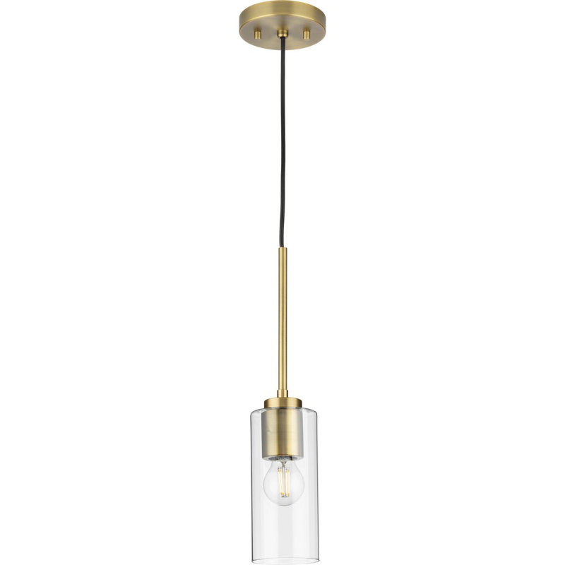 Luminaire suspendu cylindrique à 1 lumière Cortny, Transparent, Laiton rétro