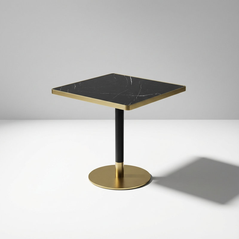 Table de salle à manger contemporaine carrée avec plateau en faux marbre et structure en métal robuste pour un bistro ou une cuisine moderne