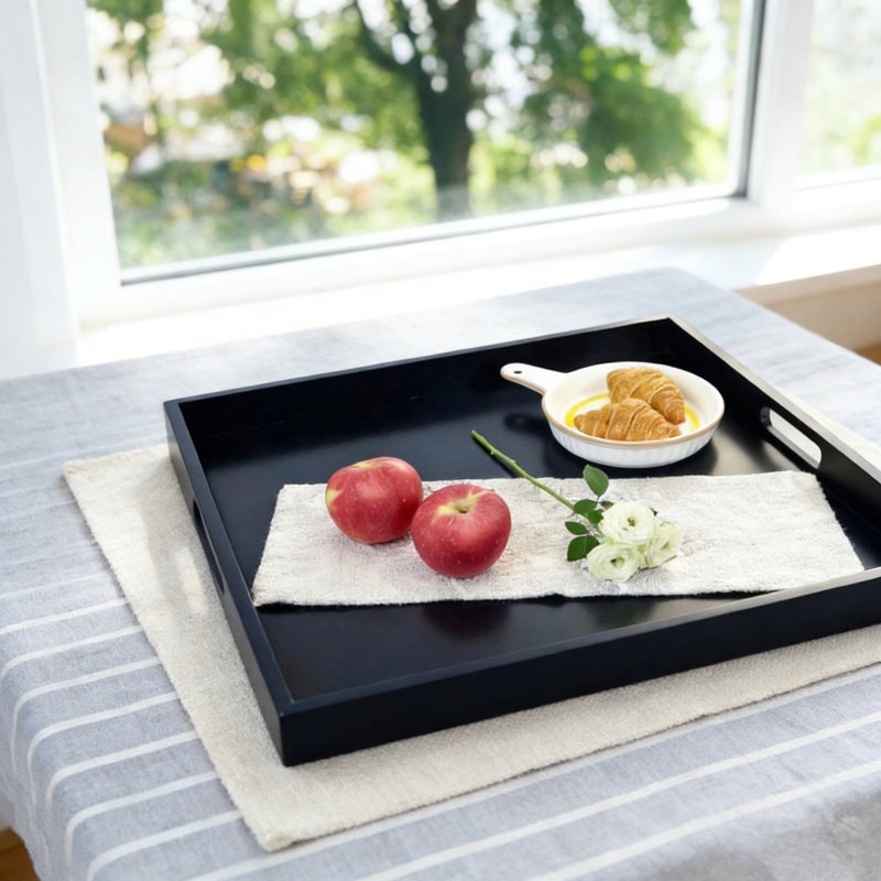 Extra Large Square Ottoman Tray, 20" Black Wooden Serving Tray With Cutout Handles For Coffee Table & Home Decor
