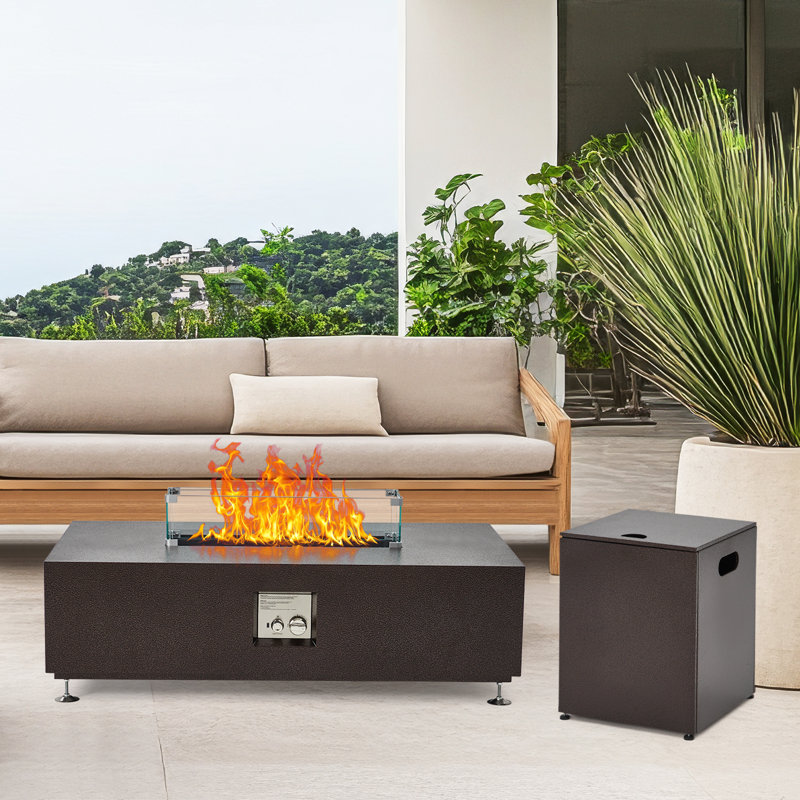48" Outdoor Fire Table, 48 inch Rectangle Propane Gas Fire Pit Table, 50,000 BTU Modern Firepit with 16 inch Tank Cover Side Table, Wind Guard, Fire Glass, Rain Cover