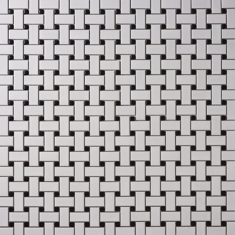 Matte White 12X12 Porcelain Basket Weave Mosaic with Black squares Wall & Floor tile (set of 10 sheets)., Black/White