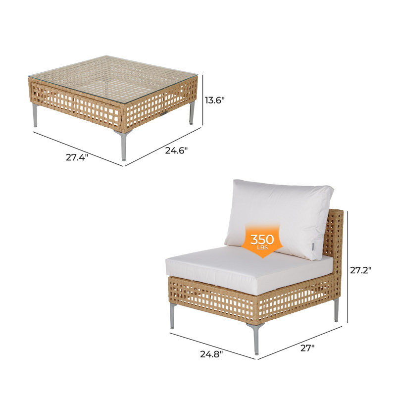 Ensemble de conversation avec coussins 4 pièces Wicker, Beige, Bois naturel
