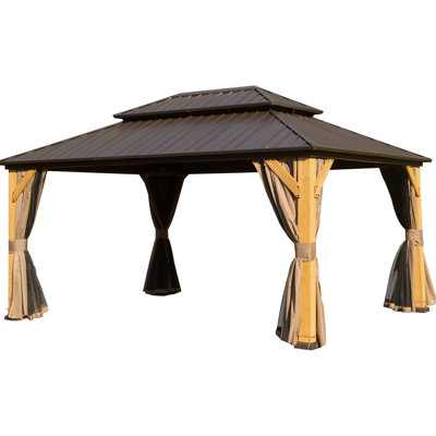Pavillon de jardin en bois massif avec toit en acier galvanisé, rideaux pour la terrasse, la cour, la terrasse, le filet de pelouse,