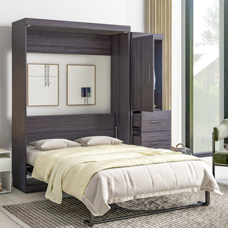 Lit double avec rangement - gris, comprend une armoire et des tiroirs se replie dans l'armoire pour une utilisation efficace de l'espace