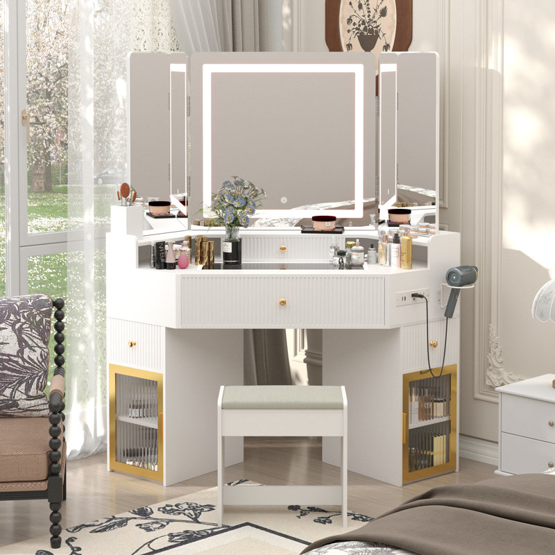 Bureau de coiffeuse d'angle avec miroir à 3 voies et lumières, table de maquillage avec tiroirs de rangement, grandes armoires, plateau en verre et tabouret - blanc