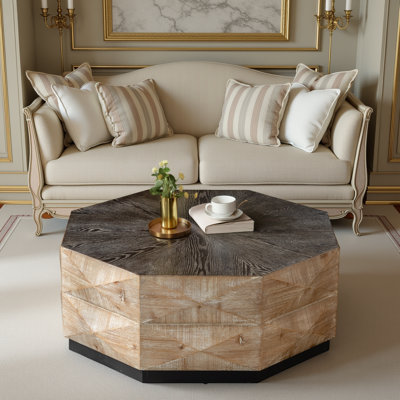 38"Octagon Coffee Table - Rustic Wood Center Table with 3D Embossed Pattern