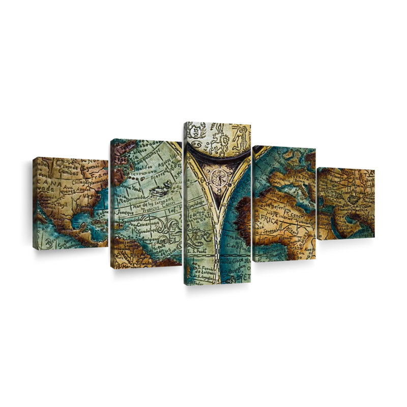Carte du vieux monde sur toile, ensemble de 5 pièces, H 36 po x l 80 po x P 1,25 po