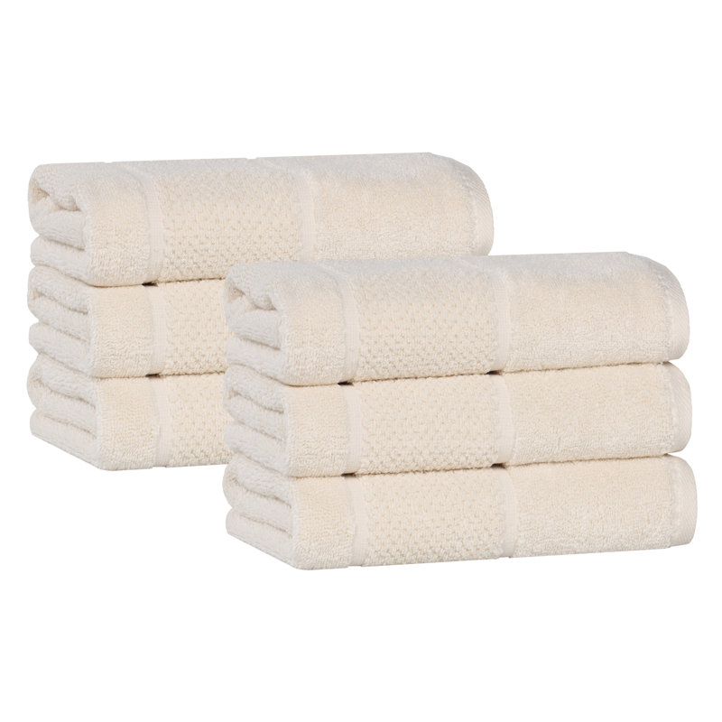 Mile Smart Twist Viscose Cotton Blend Medium Weight Solid Thick Border Towel Set, Ivory, Hand Towel - 6 Pack