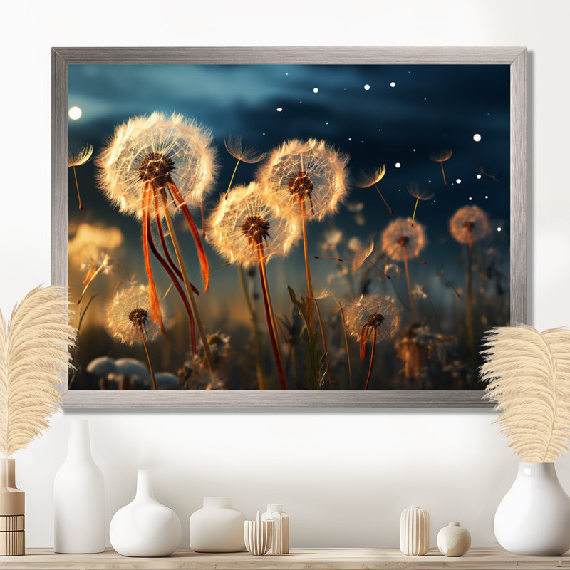 Sunset Dandelion Field IV - Floral Canvas Prints, Cadre naturel flottant, H 12 po x l 20 po x P 1 po