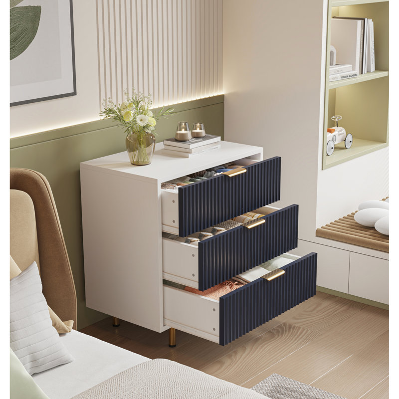 White And Navy Blue 3 Drawer Chest, Fluted , Spacious Drawers, Stable On Metal Legs, Suitable For Bedroom Decor Modern Wooden Dresser, Organizer, Wide Top, Smooth - Running Tall Legs