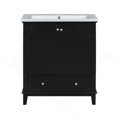 Ensemble de meuble-lavabo 30 po avec lavabo, armoire de salle de bain multifonctionnelle avec portes et tiroir, structure solide et panneau de fibres à densité moyenne