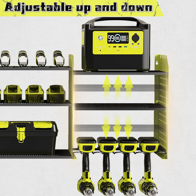 Organisateur d'outils électriques avec support mural pour station de charge, rangement pour garage robuste à 3 couches, rangement pour outils de garage d'une longueur de 45,5 pouces, 8 perceuses, 2 méthodes d'assemblage [Vert]
