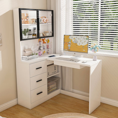 Computer Desk with Glass Cabinets & Built-In LED Lights, Corner L-Shaped Office Desk with USB Charging Ports, Keyboard Tray, Ergonomic Design for Home by DSUNNER