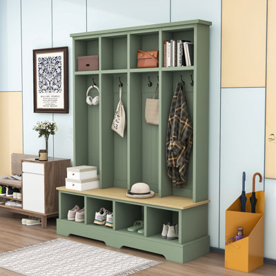 Farmhouse 3-in-1 Hall Tree Bench with Storage Compartments and Vintage Hooks for Entryway