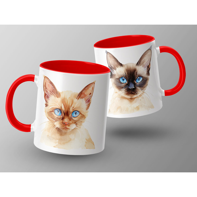 Cat Design 11oz Accent Mug – White Ceramic Coffee Cup with Colored Handle and Interior, Red, 2