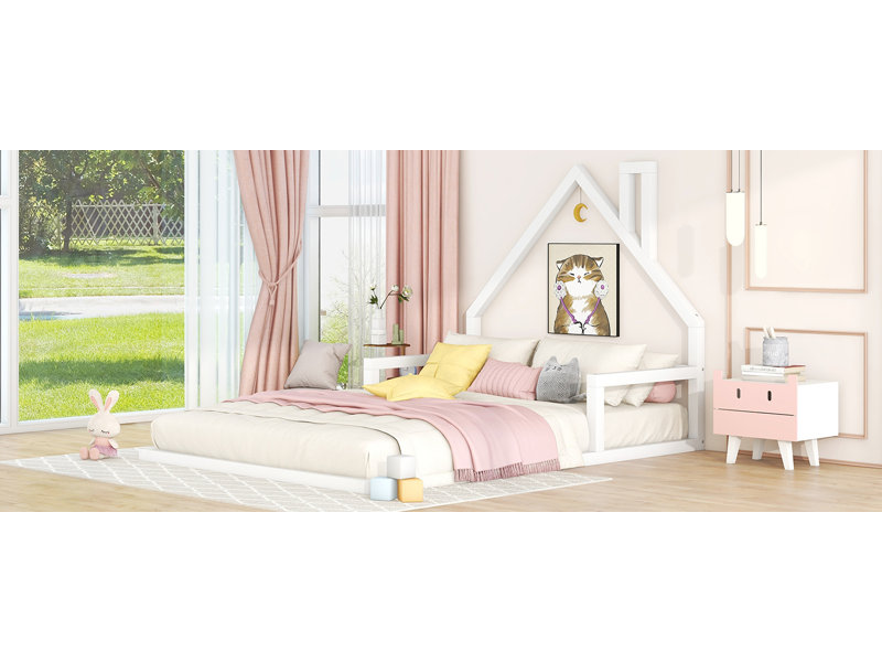 Full Size Wood Floor Bed With House-Shaped Headboard, White