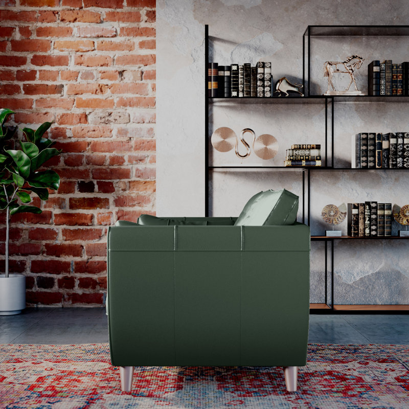 Marylin 2 Seater Leather Tufted Sofa, Hunter Green, Light Wood