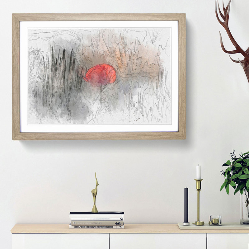 Red Poppy Flower in Abstract - Picture Frame Graphic Art Print, 27cm H x 36cm W x 2cm D, Oak Framed