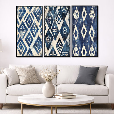 Motif tribal indigo - ensemble abstrait d'art mural bohème de 3