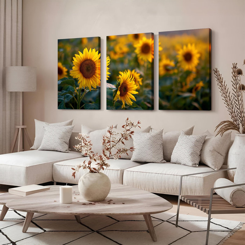 Ensemble de 3 tableaux sur toile représentant un champ de tournesols, pour la décoration du salon, H 36 po x l 72 po