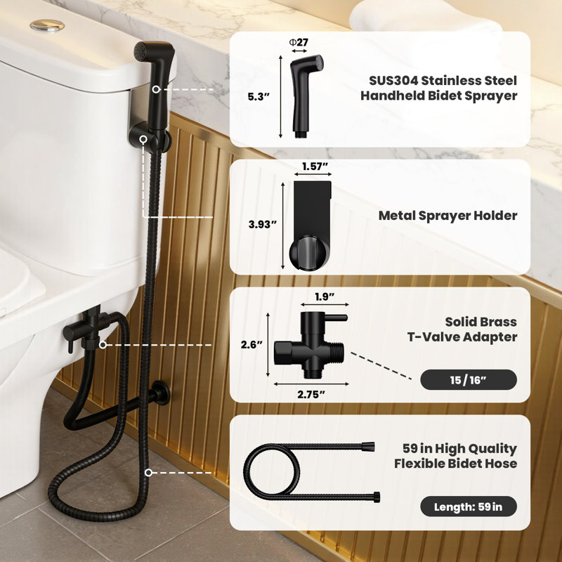 Vaporisateur de bidet à mode unique avec tuyau de 47 po, Noir mat