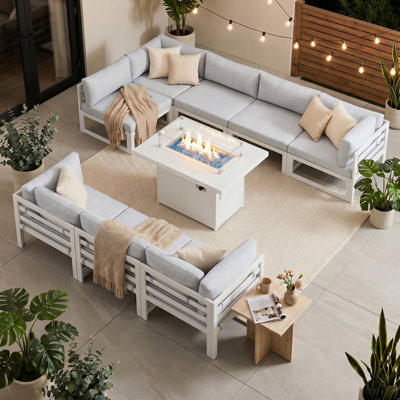 Ensemble de conversation modulaire d'extérieur en aluminium pour 8 personnes avec table de foyer et coussins Anevaeh