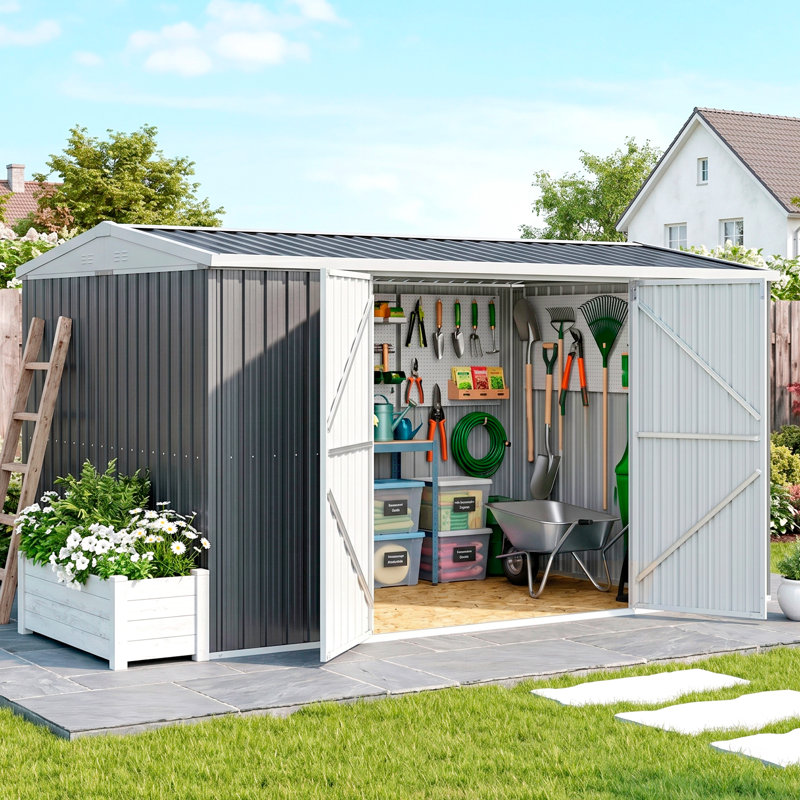 Abdihakin 14 x 8ft Outdoor Garden Metal Storage Shed Lockable Door Grey