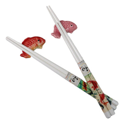 Red And Pink Auspicious Koi Fishes Set of 2 Chopsticks And Ceramic Rests Set