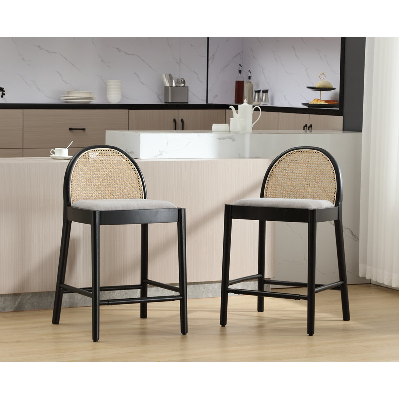 Gray and Black Rattan Backrest Wood Frame Counter Stools, Set of 2