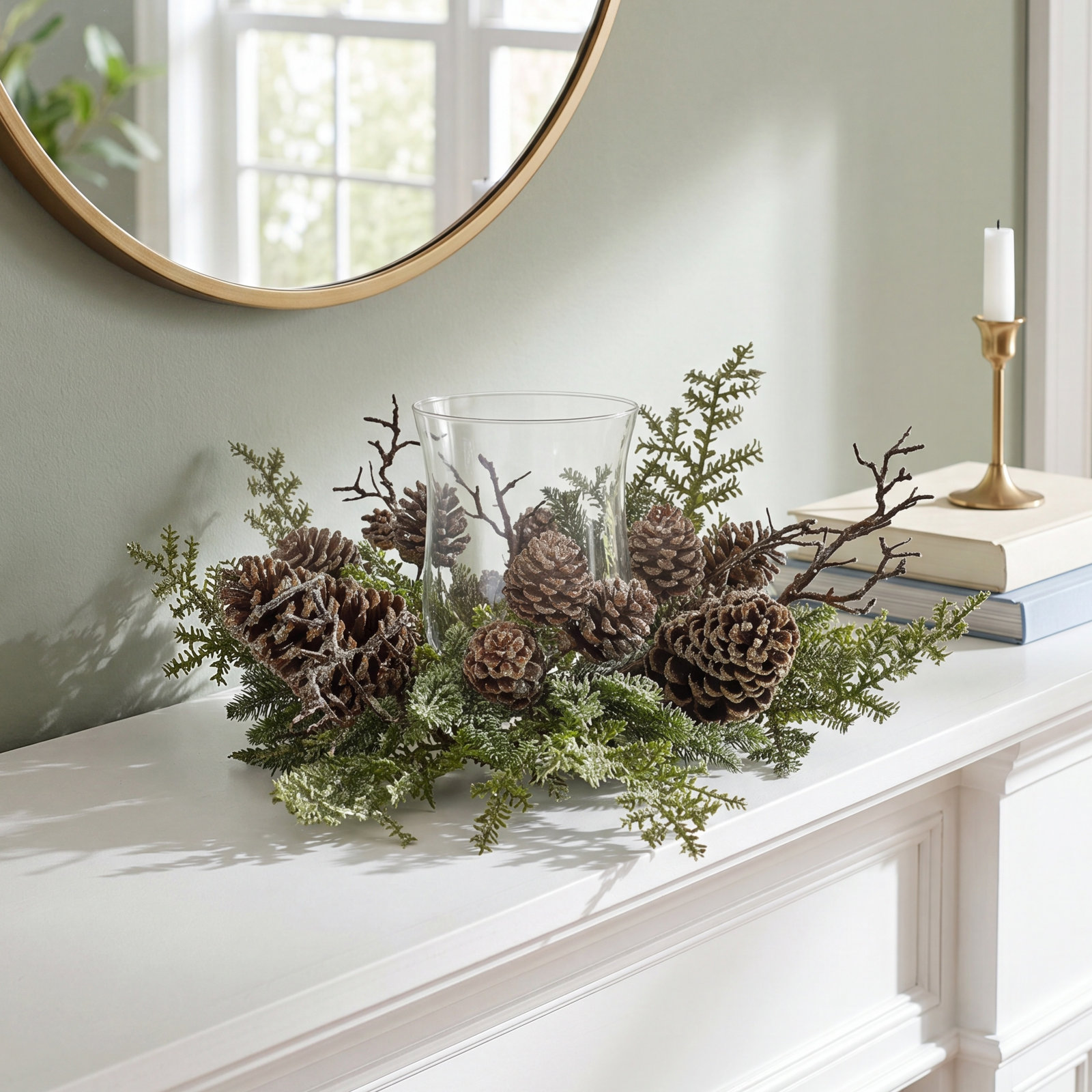 Iced Evergreen Pinecone Hurricane Centerpiece