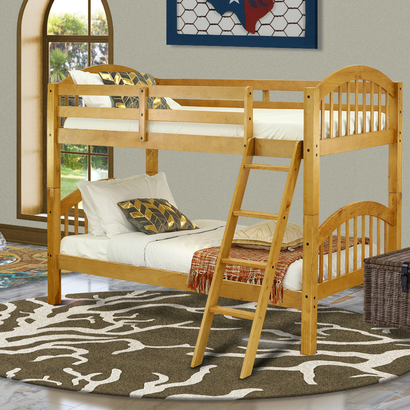 Lits superposés en bois véritable simple sur simple avec échelle à 4 marches et barrière de sécurité, finition chêne.
